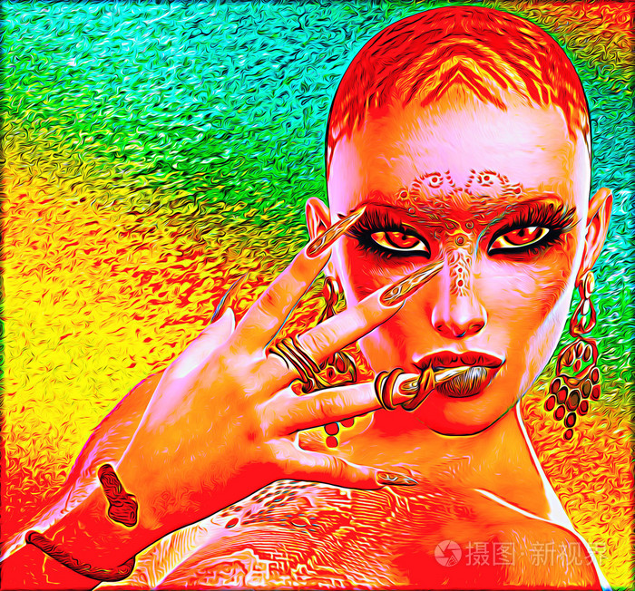 抽象的幻想艺术形象的耍蛇人女人蛇皮肤, 纹身和首饰