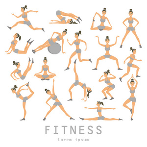 矢量瑜伽设置妇女素描体式女孩锻炼健康的生活方式