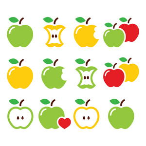绿色和黄色的苹果，苹果核心，咬，半矢量图标