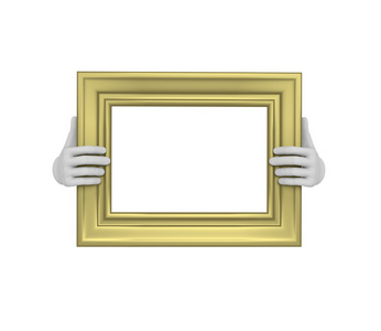 两只手抱着一个黄金矩形的图片框架。3d.分离