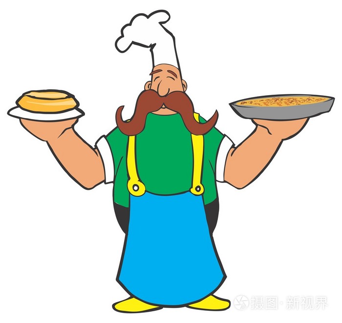 卡通厨师与比萨和派在他的手