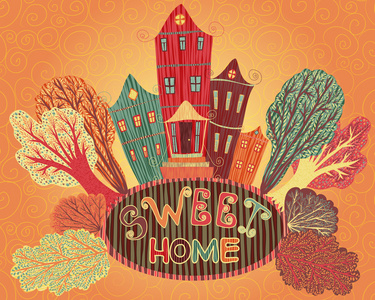 老式的海报，甜美的家。卡通概念卡与房屋和树木在复古的颜色