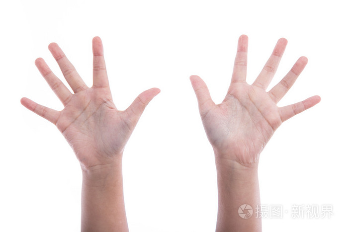 亚洲女孩的双手放在白色背景上