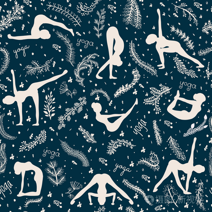 手绘图无缝模式剪影女人练习瑜伽的构成与设计元素花卉装饰.矢量图插
