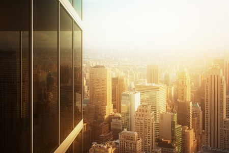 城市景观反映在办公大楼的玻璃