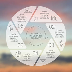 圆线图。用于循环图 图 演示文稿和圆图的模板。经营理念与 6 选项 零件 步骤或过程。线性的图形。模糊向量背景