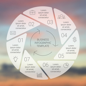 圆线图。用于循环图 图 演示文稿和圆图的模板。经营理念与 7options 环节 步骤或过程。线性的图形。模糊向量背景