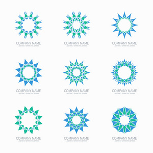 简单的蓝色的几何的抽象的对称的形状的设置。现代商业图标集合。Logo 模板。六角轮装饰。时髦的矢量符号 标志 元素和标识