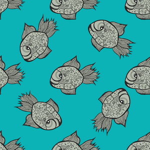 图中蓝色背景上的卡通风格的鱼。无缝