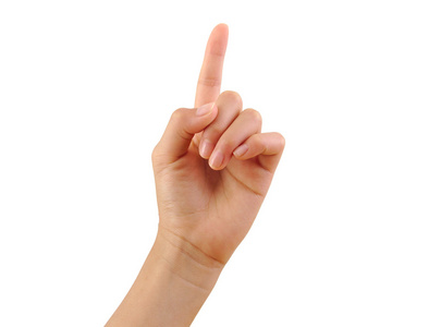 女孩显示方向女孩手显示孤立在白色背景上的一根手指.第一名照片