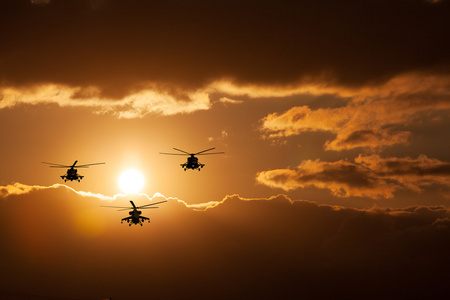 集团作战直升机，Mi 24，Mi8，温暖日落