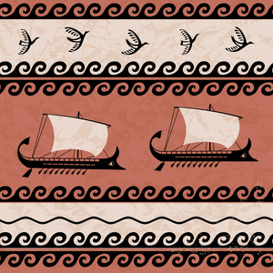 与鸟和船的古希腊风格的装饰图案