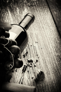 一瓶带有新鲜葡萄和开瓶器的红酒