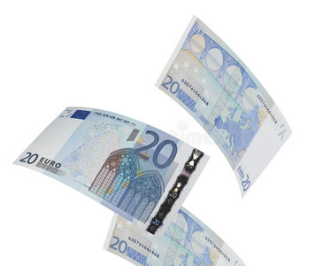 20张欧元的拼贴画被隔离在白色上