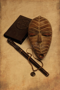 标志头用针巫毒教非洲和美洲魔法标志与抽象的头骨非洲面具扁平抽象