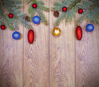 圣诞背景，乡村木板上的装饰。