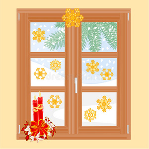 冬季窗户与圣诞装饰向量
