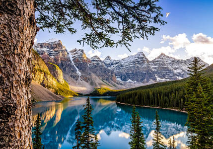 加拿大亚伯达省摩兰湖和山脉景观