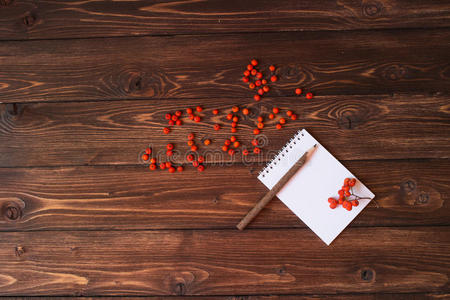 打开笔记本，铅笔和红杨梅上的纹理老木头