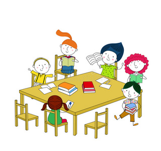 孩子们坐在桌子旁，边写边读。