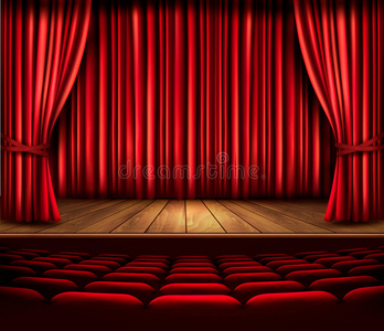 有红色幕布座位和聚光灯的剧院舞台。矢量。