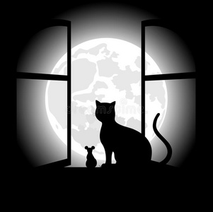 黑猫坐在万圣节夜晚,黑猫坐在月亮对面照片