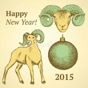 用复古风格画新年公羊和球