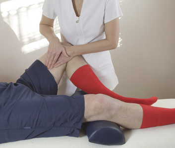 女性运动按摩治疗师工作大腿内侧肌肉照片