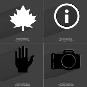 枫叶, 信息标志, 手, 相机。长阴影的符号。扁平设计