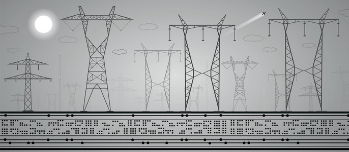 能源全景，电源线，工业矢量设计，灰色版本