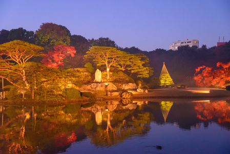 秋叶在 Rikugien 花园，驹込，东京