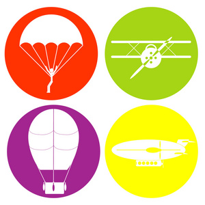 单色的图标集与降落伞飞机飞艇气囊