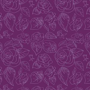 无缝紫色玫瑰图案和叶子