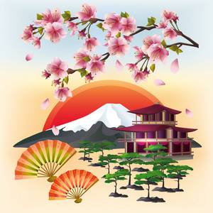 美丽的日本背景与樱花和球迷