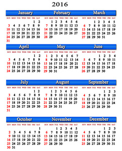 白色背景上的 2016 年日历