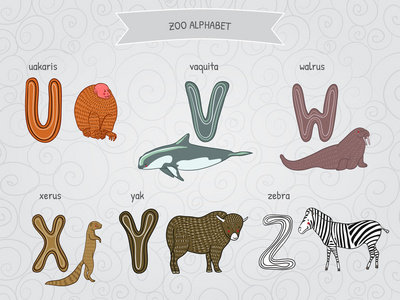 可爱的卡通滑稽动物园字母表向量中。U v w x y z 字母。Uakaris，渔网困住 海象 xerus 牦牛