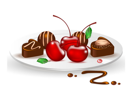樱桃和巧克力在盘子上