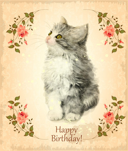 生日快乐卡与蓬松的小猫。模仿的水彩
