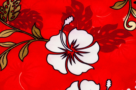 棉布纹理背景在红色背景上涂上白色花朵。 环绕热带和亚热带植物种子的柔软的白色纤维物质