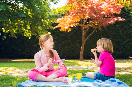 两个可爱的孩子们，小女孩和她的兄弟，在户外举行野餐，在公园里