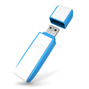 白色背景上的蓝色USB闪存驱动器