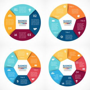矢量圆信息图形集。用于循环图 图 演示文稿和圆图的模板。经营理念与 3，4，5，6 选项 零件 步骤或过程。抽象背景。数