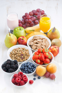 新鲜的浆果 水果和牛奶什锦早餐，垂直