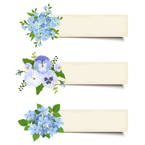 三个带有各种蓝色花朵的矢量横幅。 每股收益10。