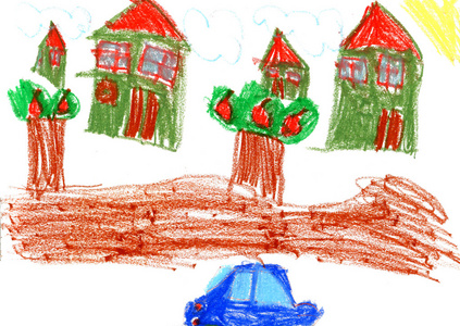 树木,汽车,阳光和草四季树树四季颜料, 画笔灰尘刷油画-多周围的房子