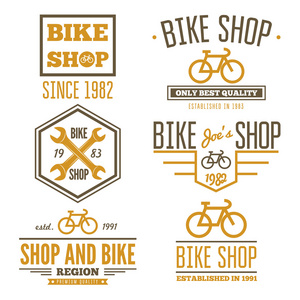 一套老式和现代自行车商店标志徽章或标签