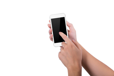 女孩用食指按在白色手机屏幕上