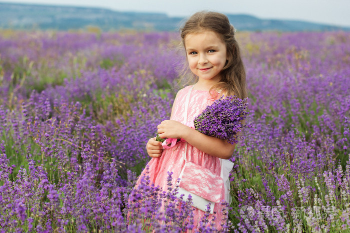 可爱的孩子的小姑娘熏衣草草甸
