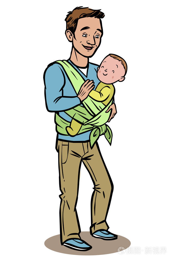 爸爸用吊带抱着他的孩子. 矢量插图