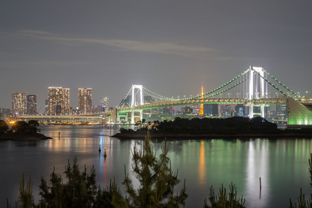 长时间曝光的海湾和彩虹桥从台场，夜未央